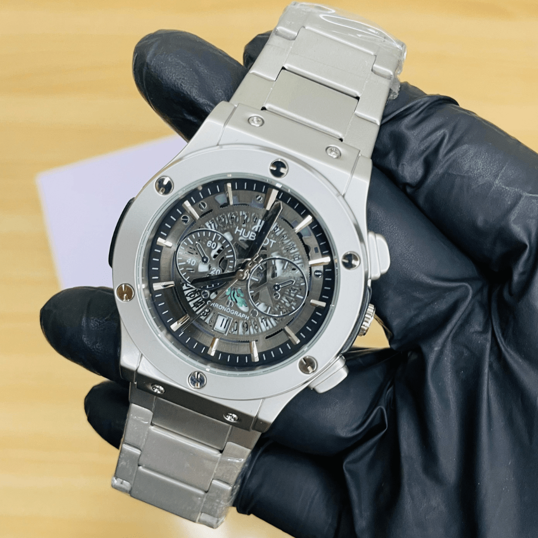 HB Premium Skeleton Watch - Luxury Silver Matte Chain
