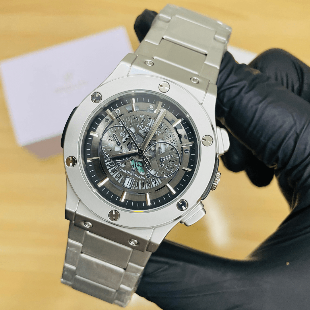 HB Premium Skeleton Watch - Luxury Silver Matte Chain