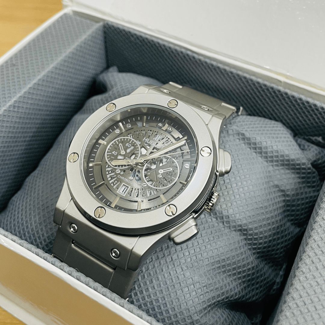 HB Premium Skeleton Watch - Luxury Silver Matte Chain